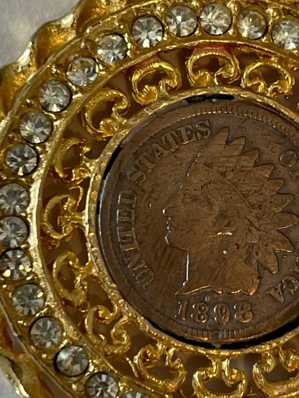 Authentic 1898 Indian Head Penny Charm w/ Rhinestones 26” Gold Plated Chain